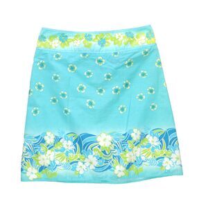 Vintage Tracy Evans Midi Skirt Size 9 Sky Blue Floral Hawaiian Tropical USA Made